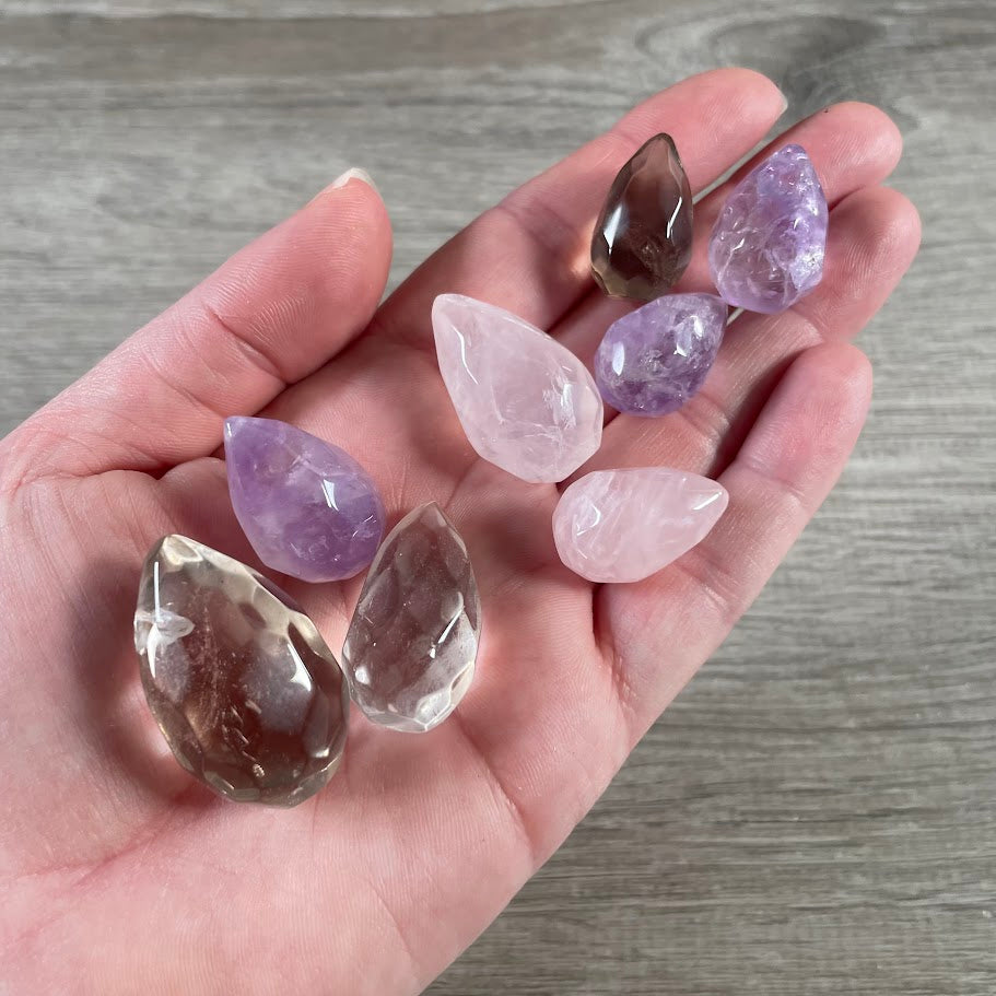 Assorted mini faceted gemstone flame carvings in polished natural stone