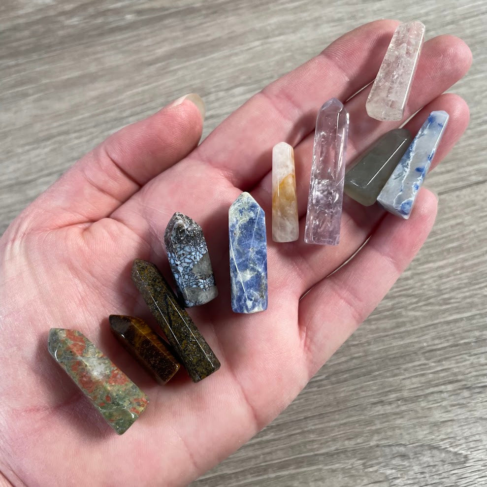 assorted handmade small gemstone obelisk from Brazil polished from natural stone.