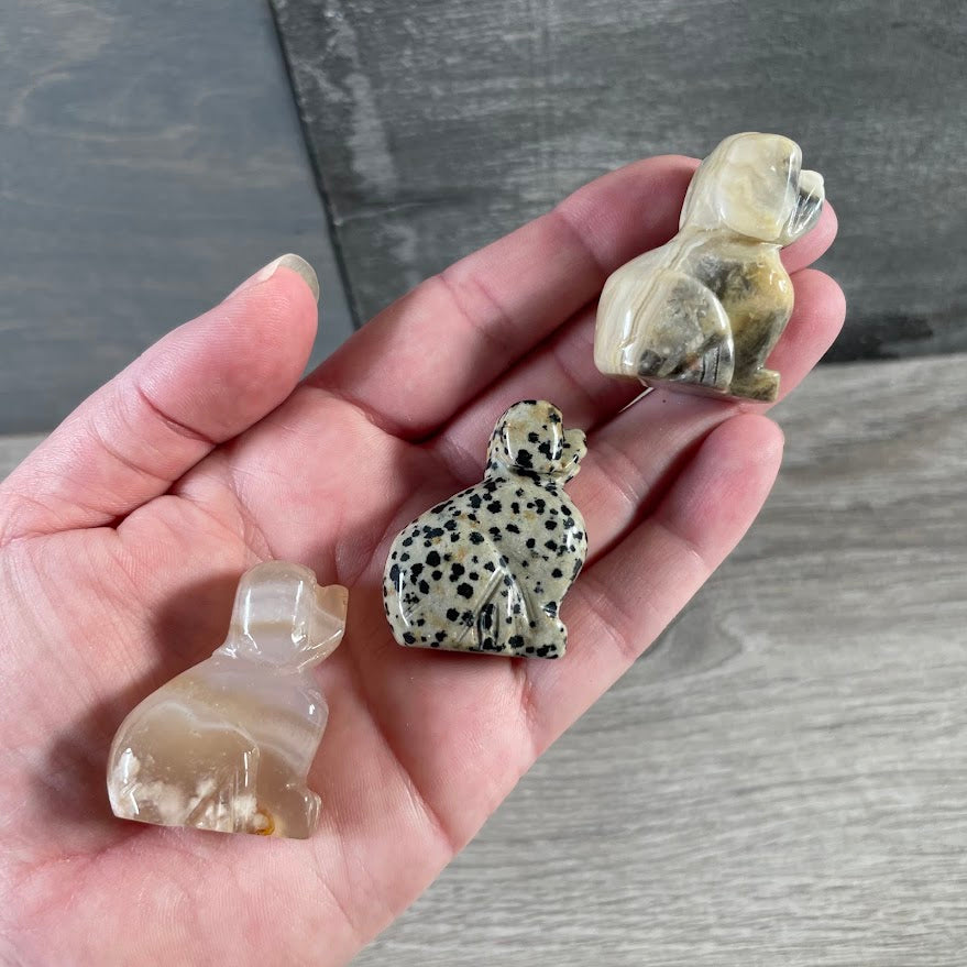 Carved crystal dog figurine in medium size for dog lovers, gemstone collectors, and retail displays