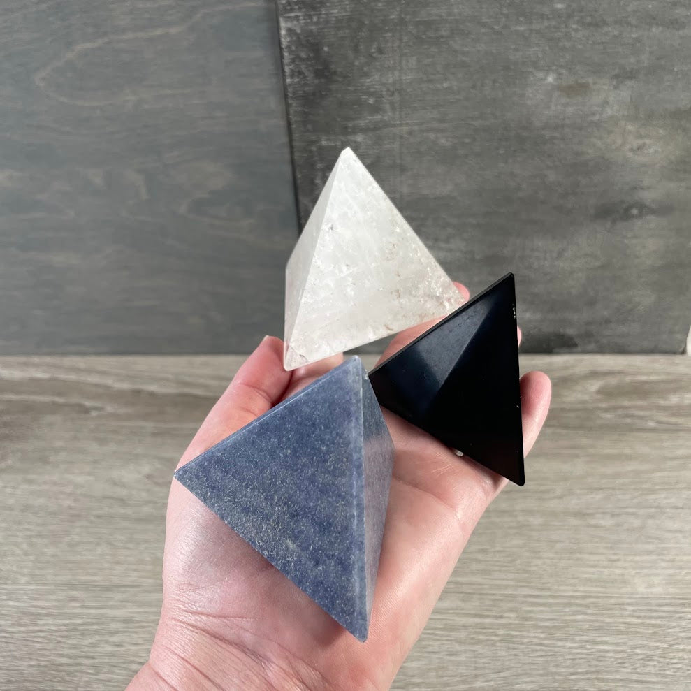 asorted Tetrahedron Platonic solid shaped crystal sacred geometry gemstones