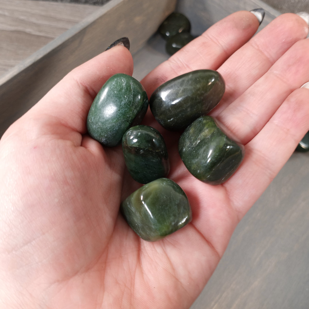 Natural BC jade polished tumbled gemstones in assorted green shades for wholesale resale