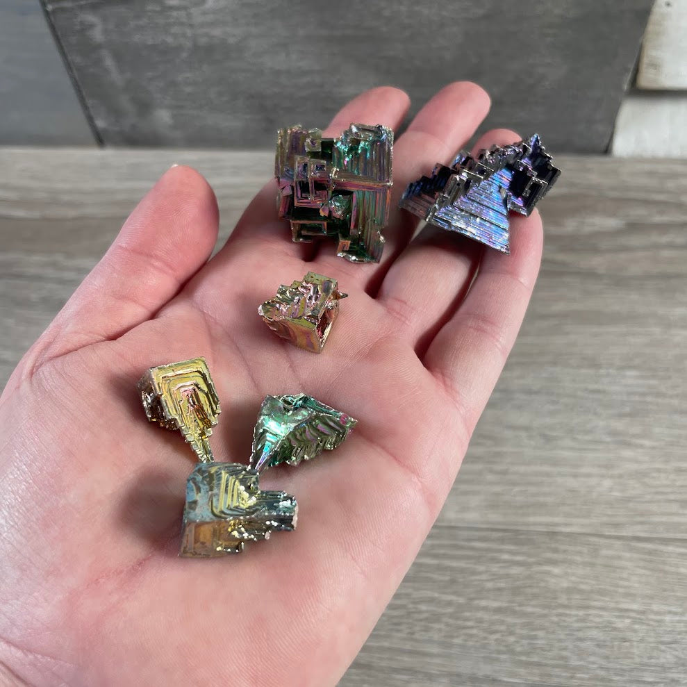 Rainbow bismuth crystal specimen with metallic geometric formation for wholesale crystal shops