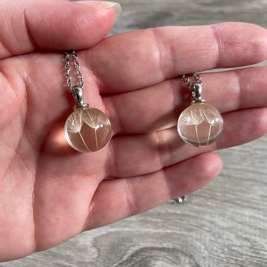 Dandelion wish jewelry necklace with transparent botanical pendant
