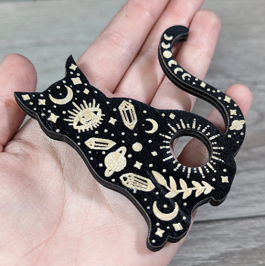 Black cat wood base for crystal sphere display