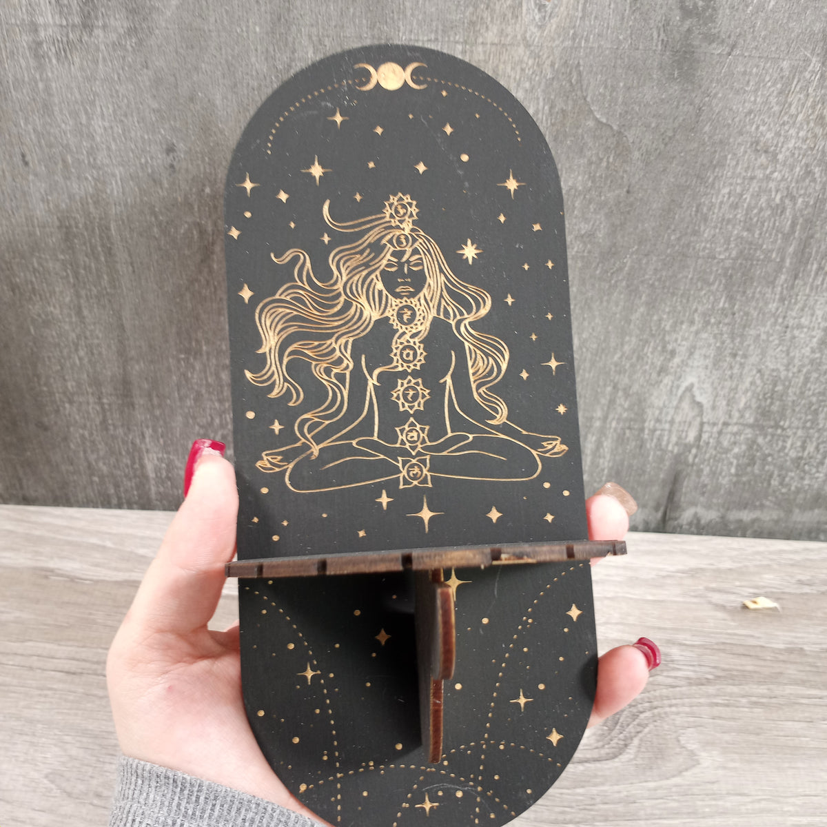 Natural wood display board for crystal pendulums and divination accessories