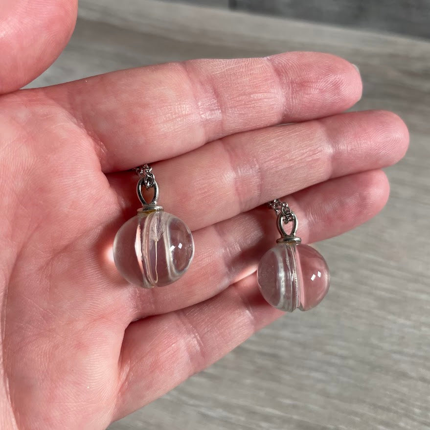 Nature inspired dandelion necklace with real seeds, side view