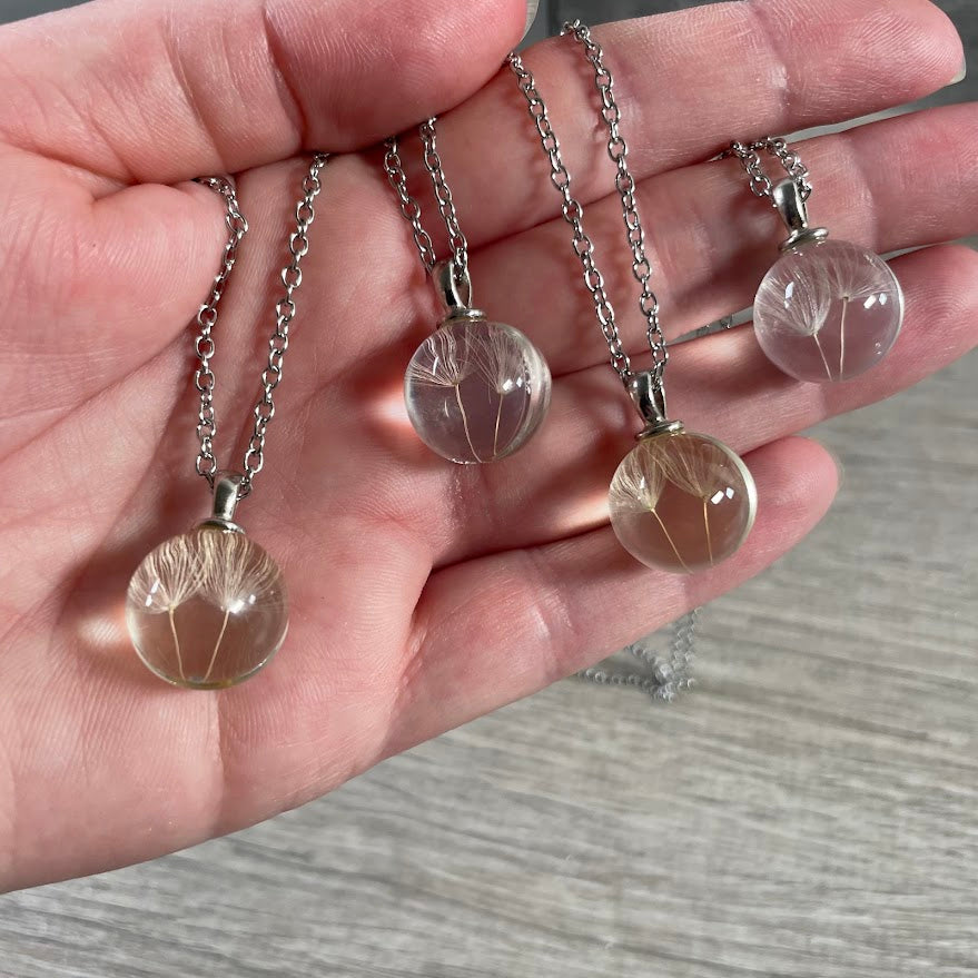 Botanical dandelion pendant necklace with preserved real dandelion seeds