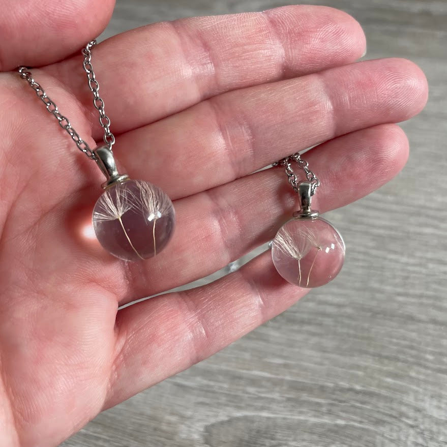 Dandelion seed glass pendant necklace inspired by wishes and nature