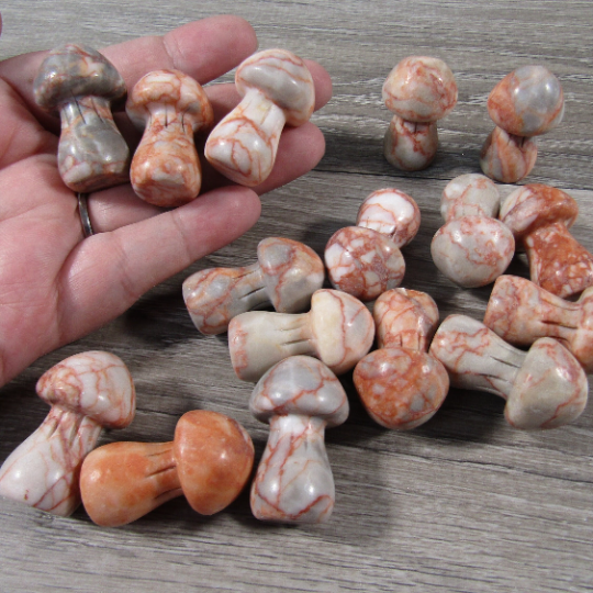 Pink marble crystal mushroom figurines for crystal grids