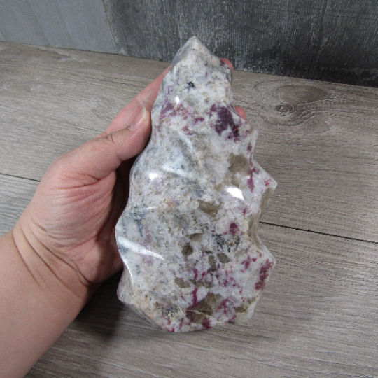 pink tourmaline in quartz polished flame-shaped gemstone sculpture for witchy stores