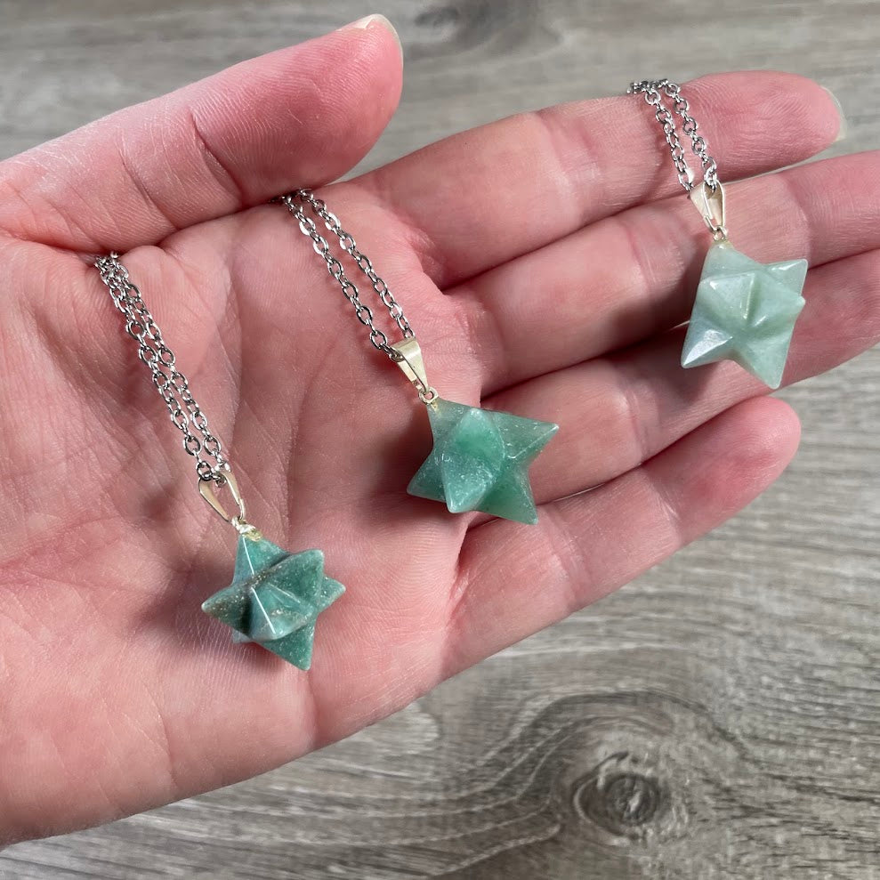 Green aventurine Merkaba star pendant necklace with stainless steel chain
