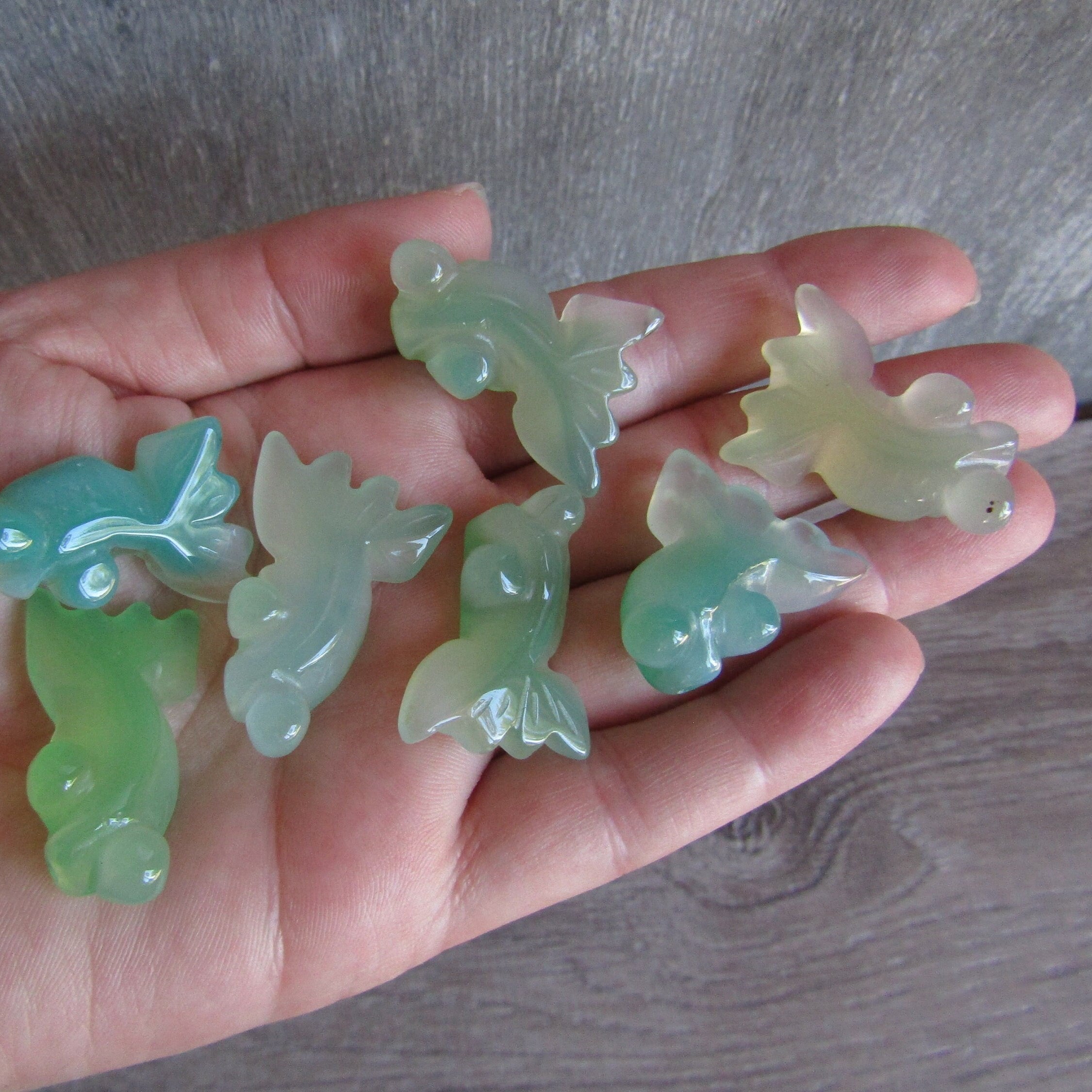 Green Agate carved fish figurine bead.