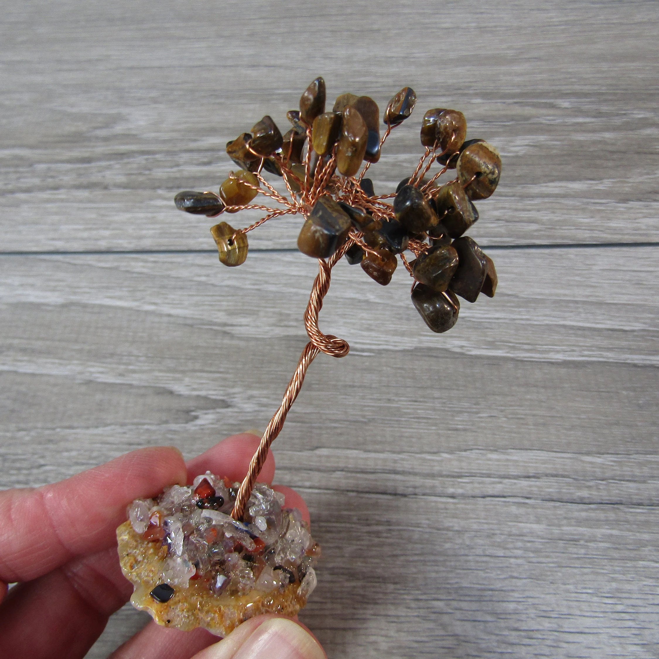 Tiger eye energy decor tree with natural stone base for gift shops