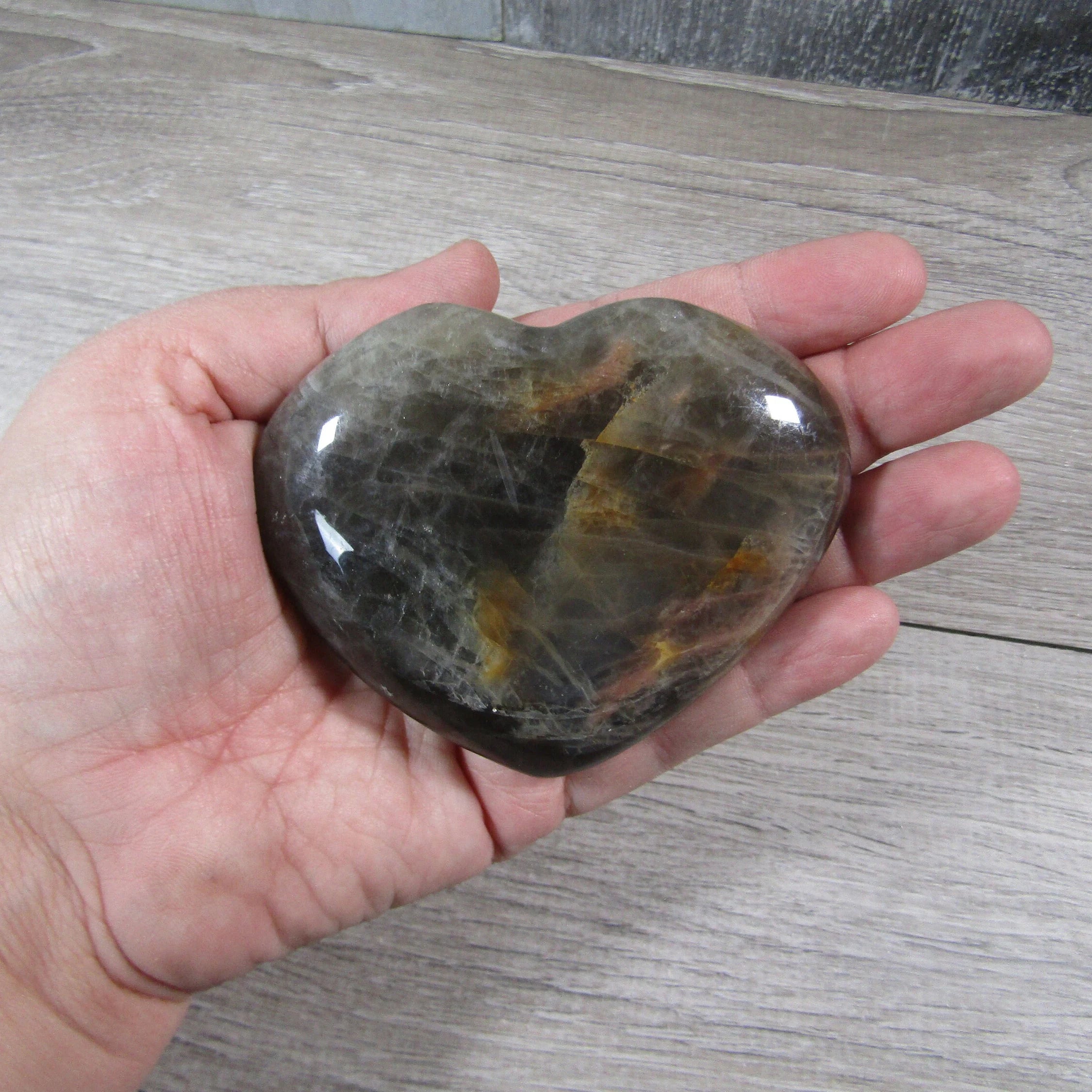 Black Moonstone heart display-size crystal for spiritual boutiques