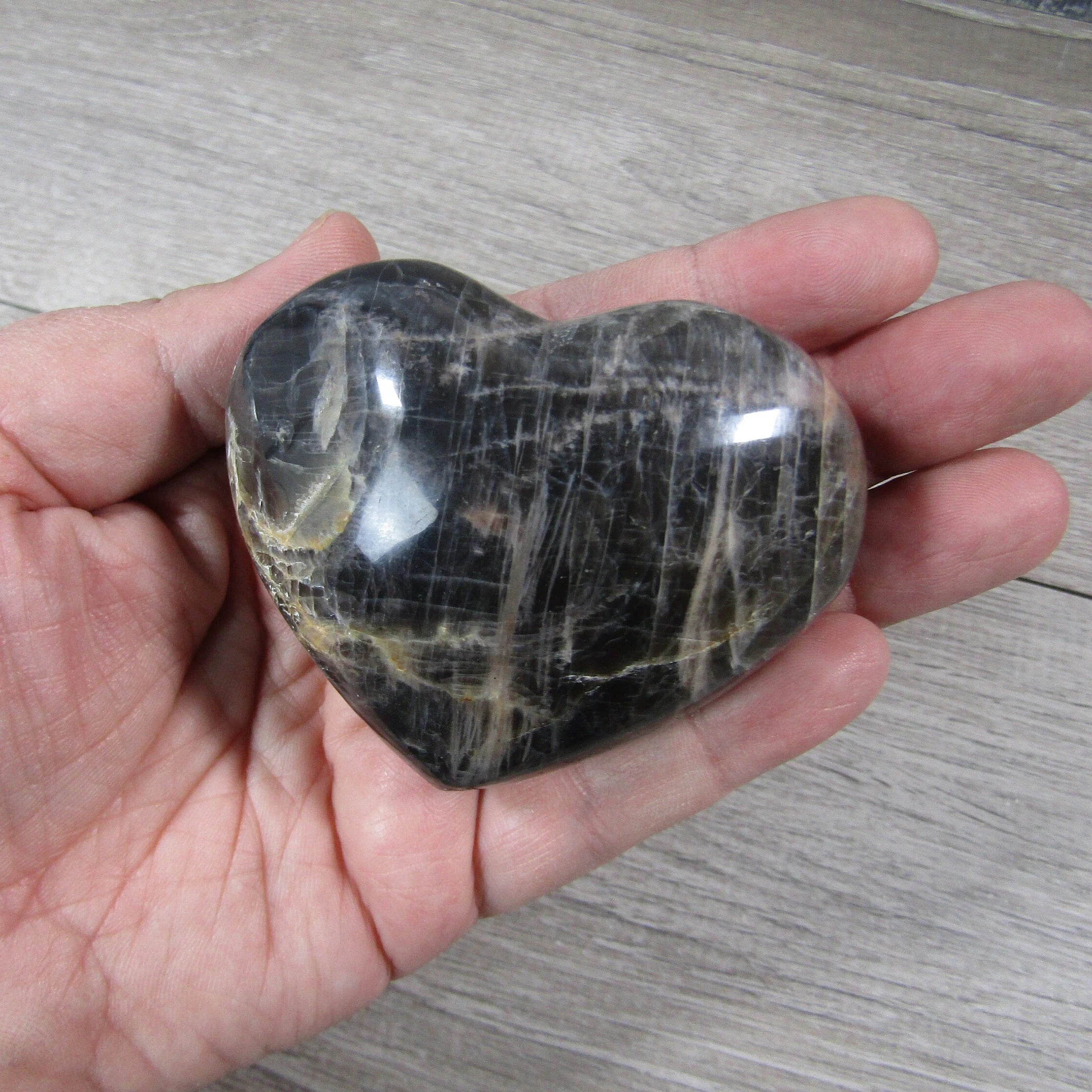 Large Black Moonstone Heart Crystal for wholesale display.