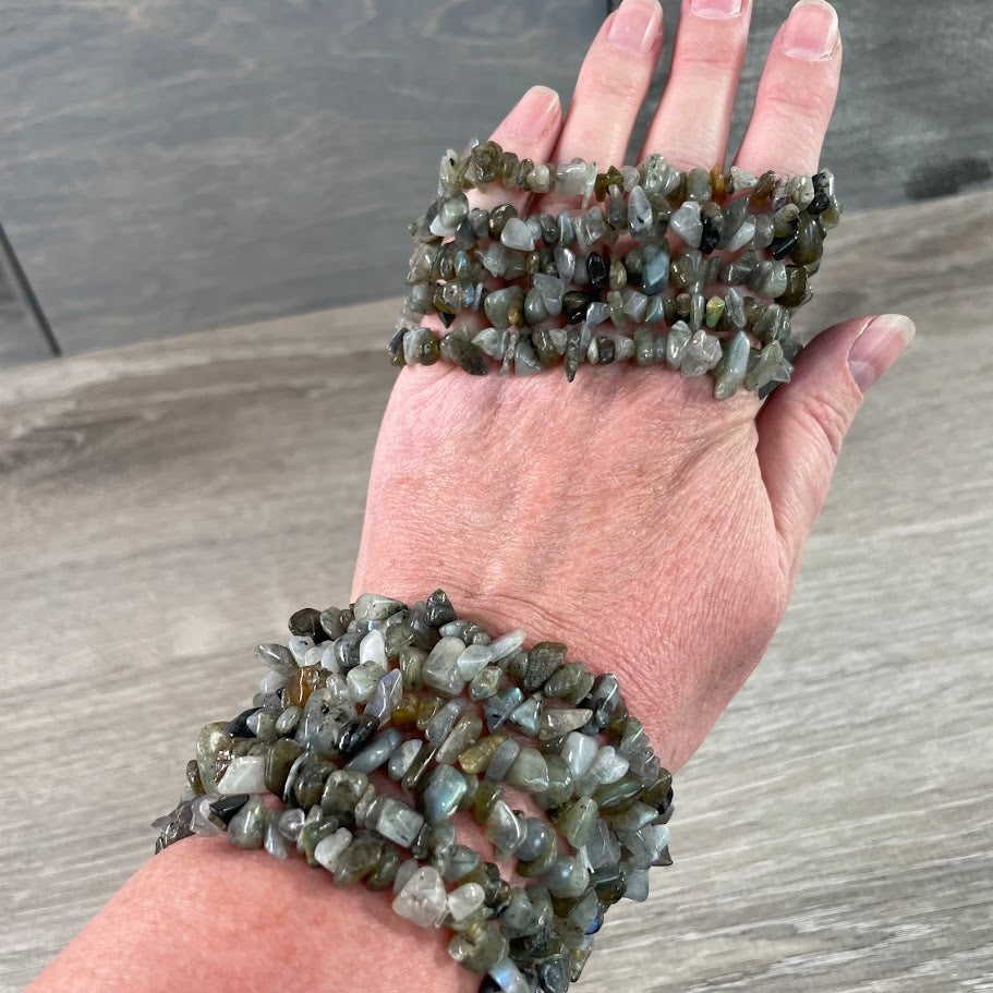 Bulk labradorite natural gemstone chip stretch bracelets for crystal shops and jewelry retailers