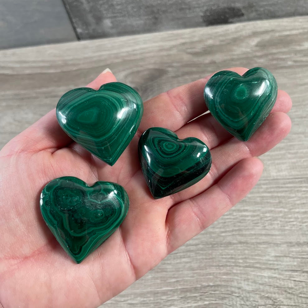 Heart shaped malachite crystal carving for gift shops and spiritual stores