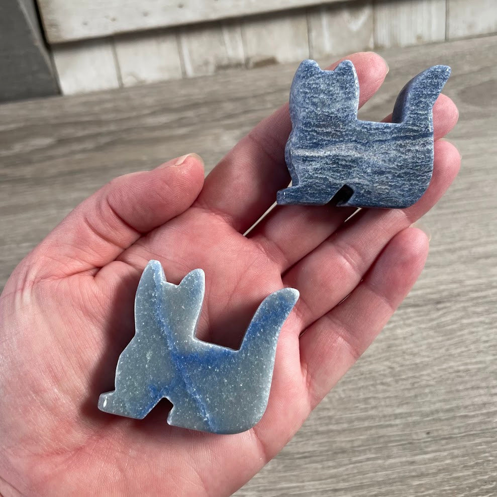 Polished blue quartz gemstone cat figurine medium crystal animal carving