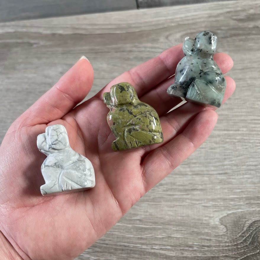Stone dog figurine with unique natural gemstone patterns for retail gift displays