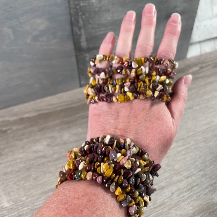 Bulk wholesale gemstone bracelets featuring mookaite jasper irregular natural crystal chip beads