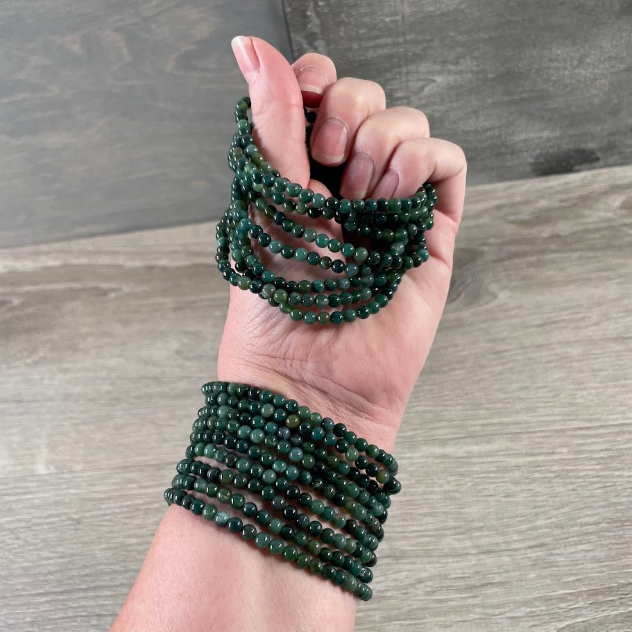 moss agate 4mm gemstone bead bracelet with polished natural crystal beads