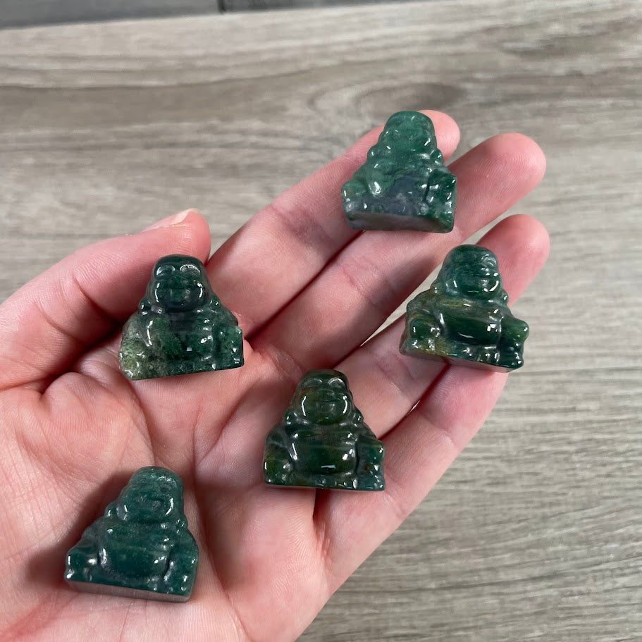 Moss Agate wholesale Buddha figurines for crystal retailers, gift shops, and meditation spaces