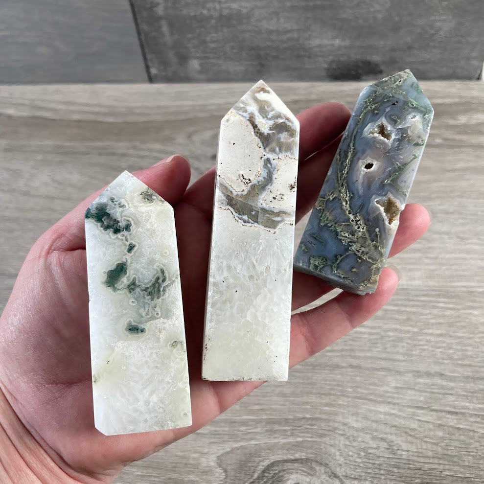 Wholesale moss agate four sided obelisk crystal tower