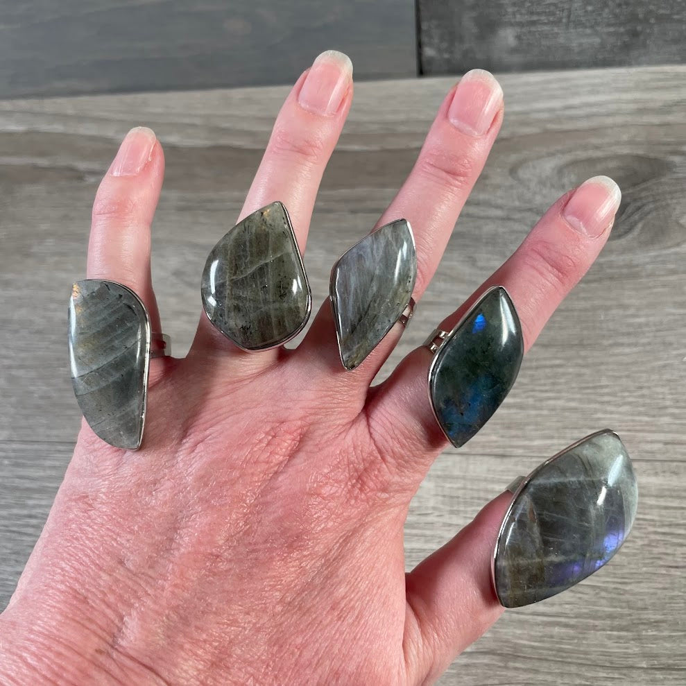 Wholesale adjustable labradorite ring featuring natural gemstone colors and shimmering blue green flashes