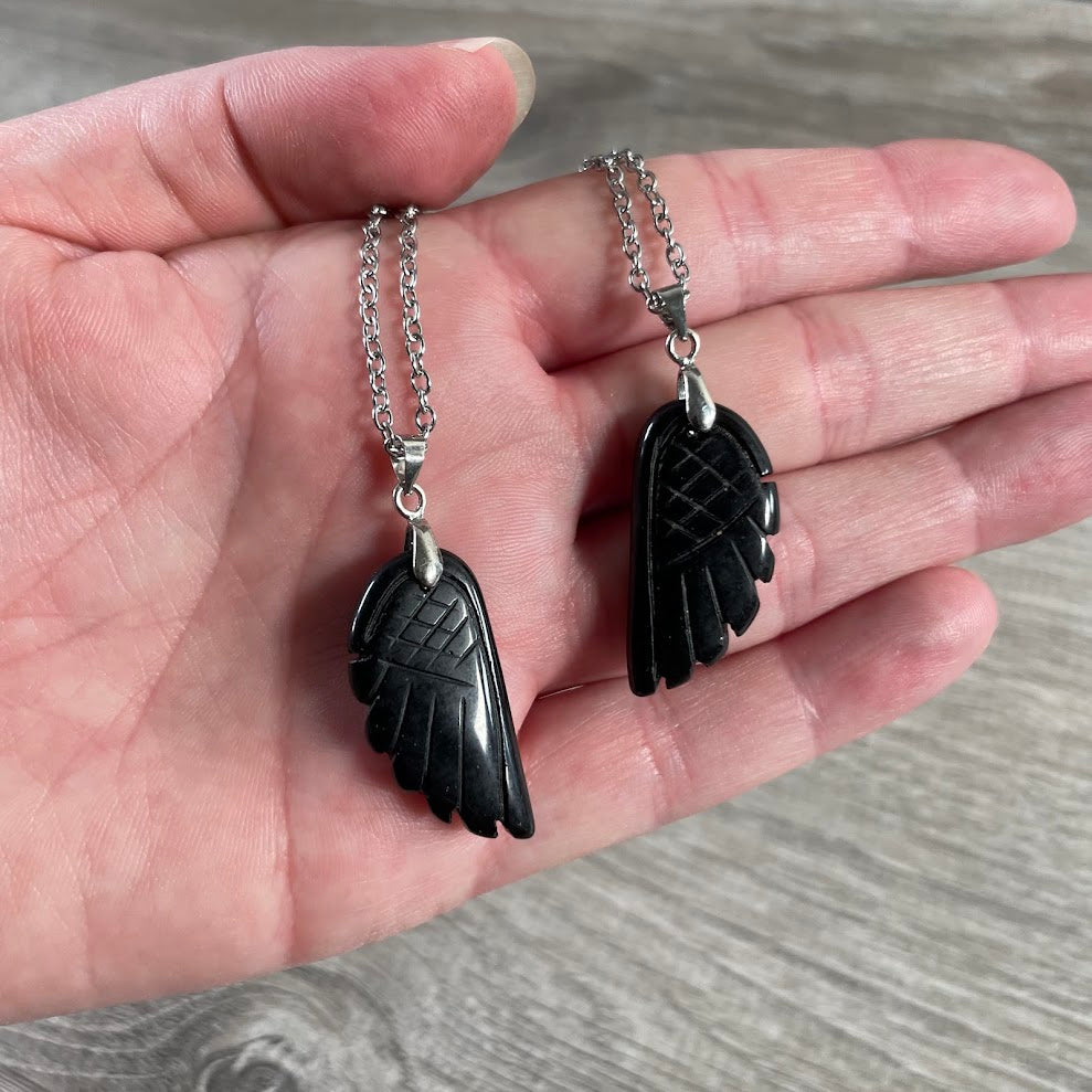 Polished obsidian gemstone angel wing necklace with stainless steel chain