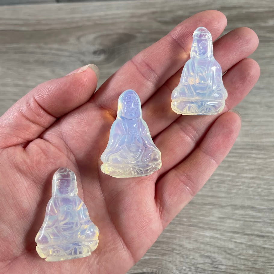 small opalite quan yin statue for altar supplies, meditation decor, and crystal collections