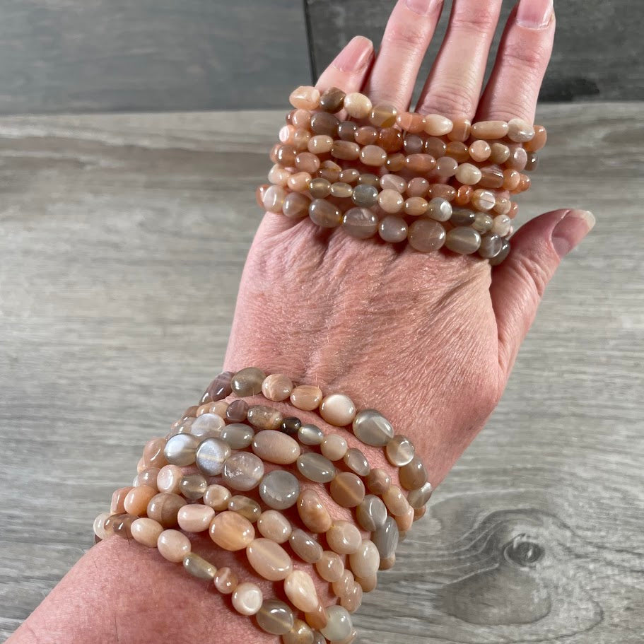 Moonstone gemstone jewelry bracelet with polished stone nugget beads