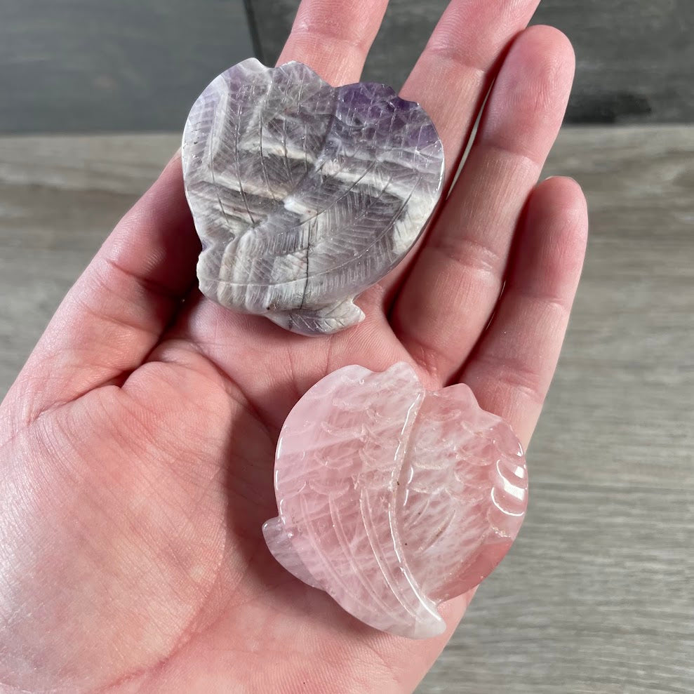 Assorted gemstone angel wing carvings in polished natural stone
