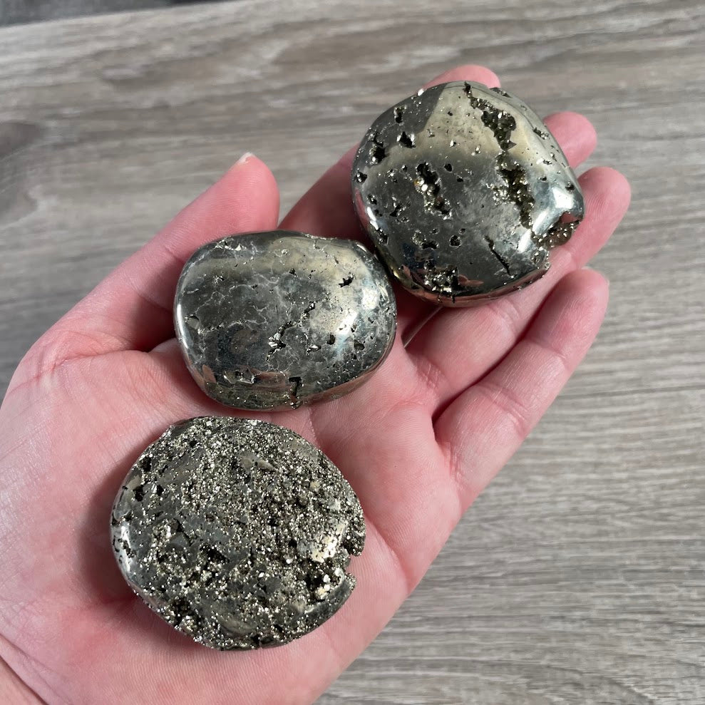 Wholesale polished pyrite palm stones assorted crystals for rock and mineral shops