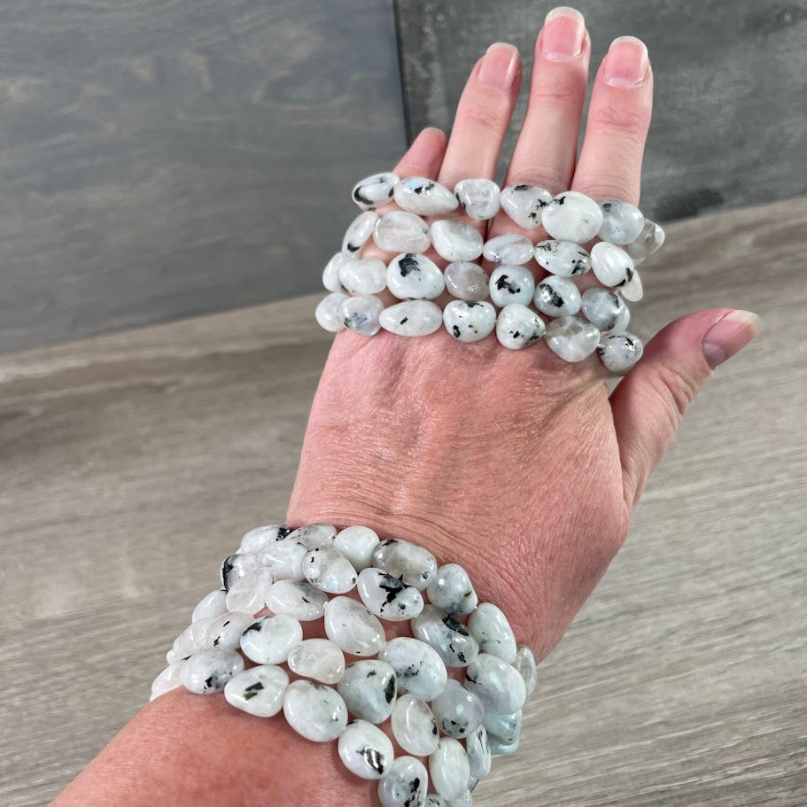Natural rainbow moonstone bracelet with polished nugget shaped stone beads