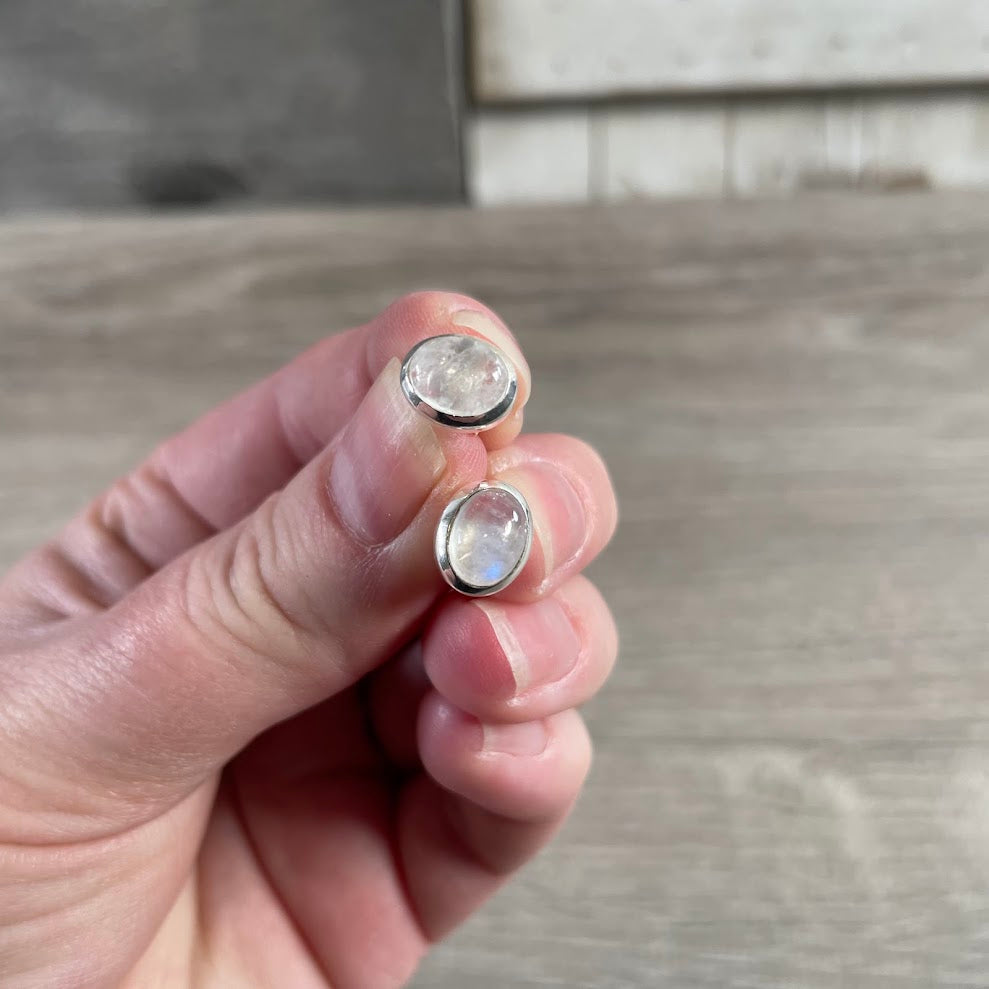 Natural rainbow moonstone gemstone stud earrings in sterling silver settings for crystal shops