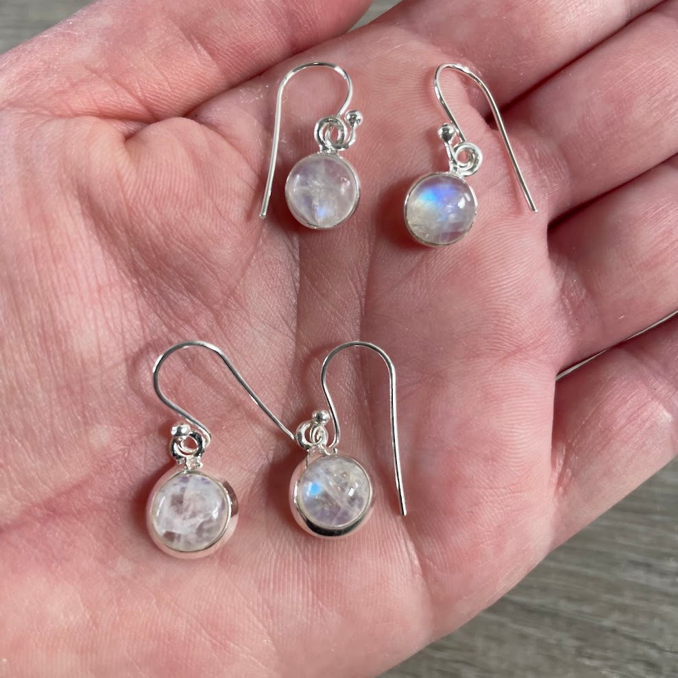 Rainbow moonstone sterling silver dangle earrings with hook backs for wholesale gemstone jewelry