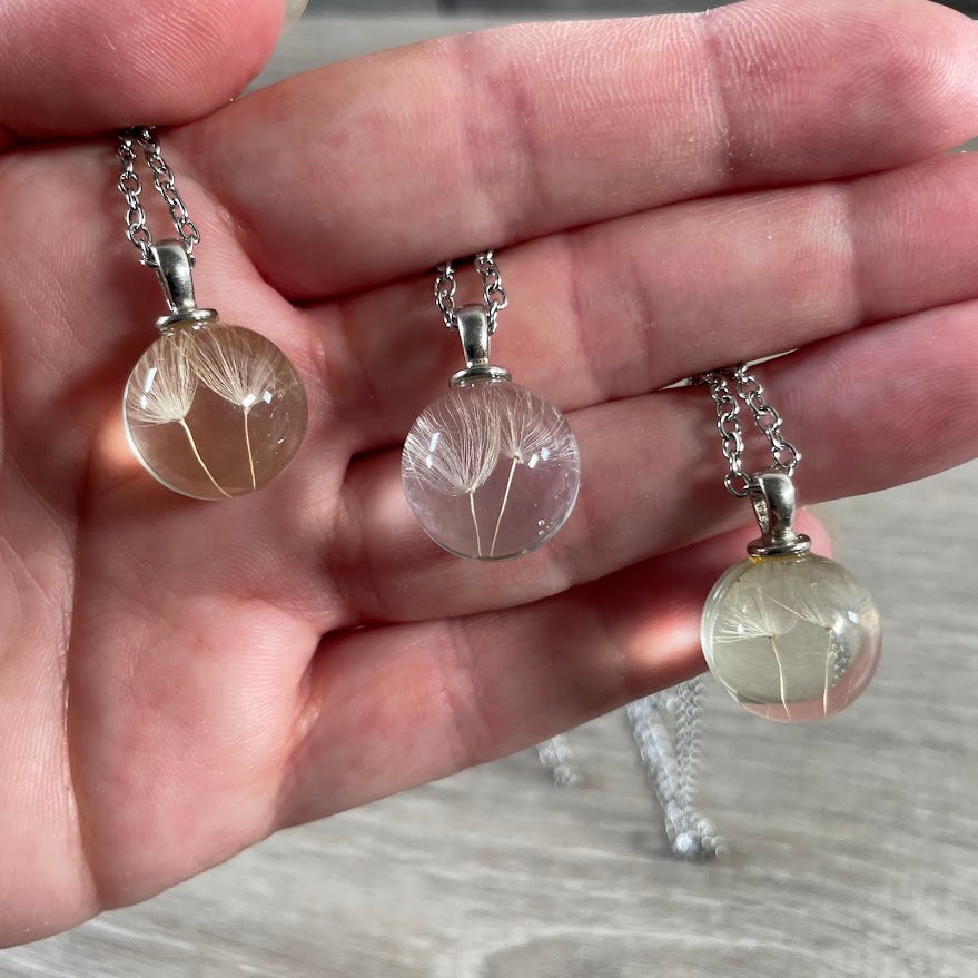 Real dandelion seed necklace with botanical glass pendant and chain