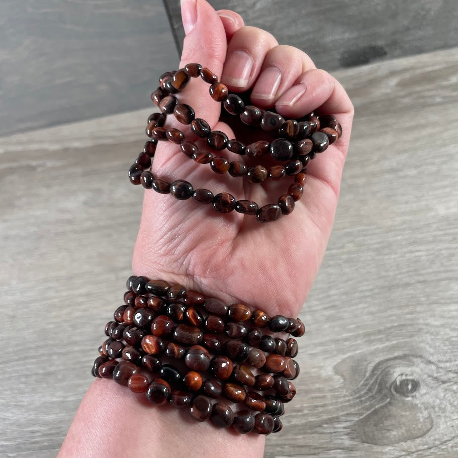 Red tiger eye stretch gemstone nugget bracelet made with polished crystal stones