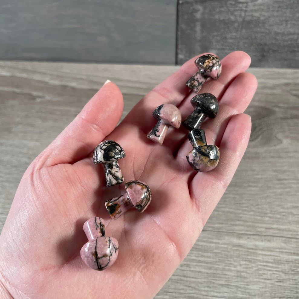 Rhodonite carved style gemstone mushroom for retail crystal assortments