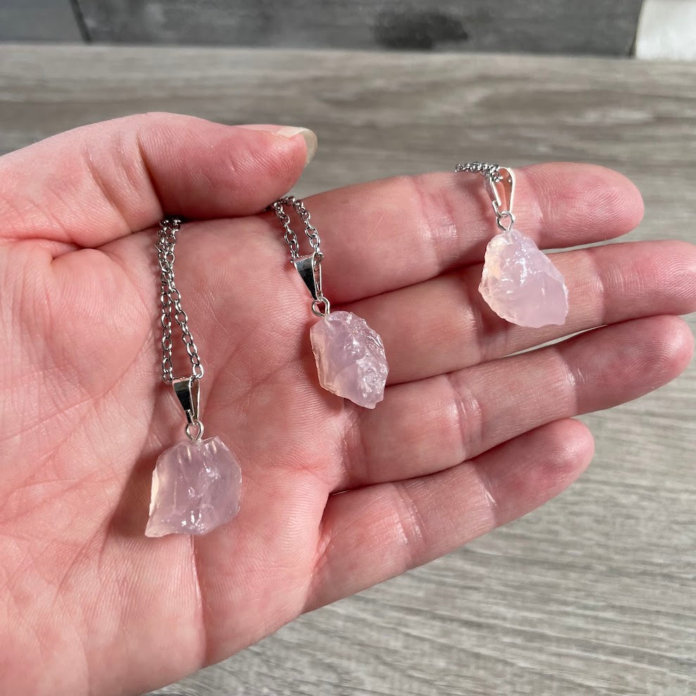 Pink rose quartz crystal pendant necklace for gemstone jewelry