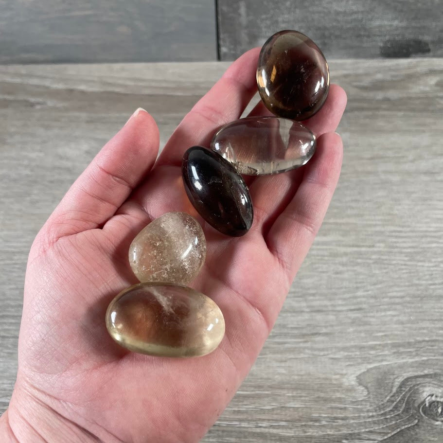 Natural crystal palm stones in smoky quartz gemstone varieties for bulk wholesale resale