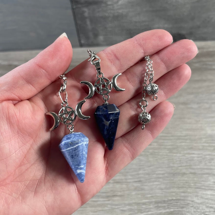 Sodalite Gemstone pendulum featuring Triple Moon symbol for dowsing