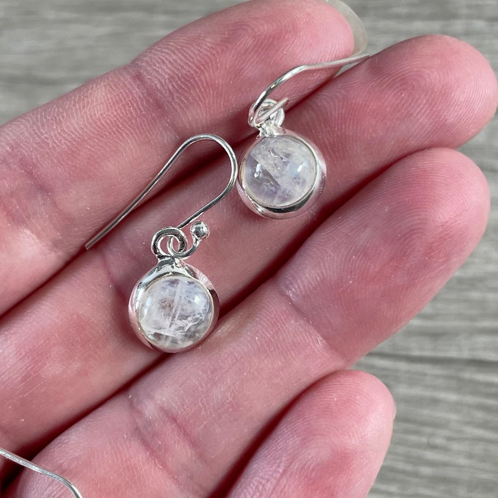 Rainbow moonstone sterling silver dangling earrings with polished natural gemstones