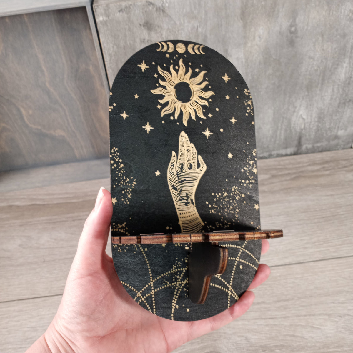 Natural wood crystal pendulum holder for retail shop displays