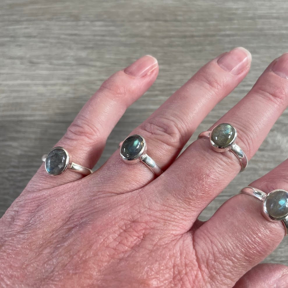 Sterling silver labradorite ring showing iridescent gemstone flashes for wholesale jewelry boutiques