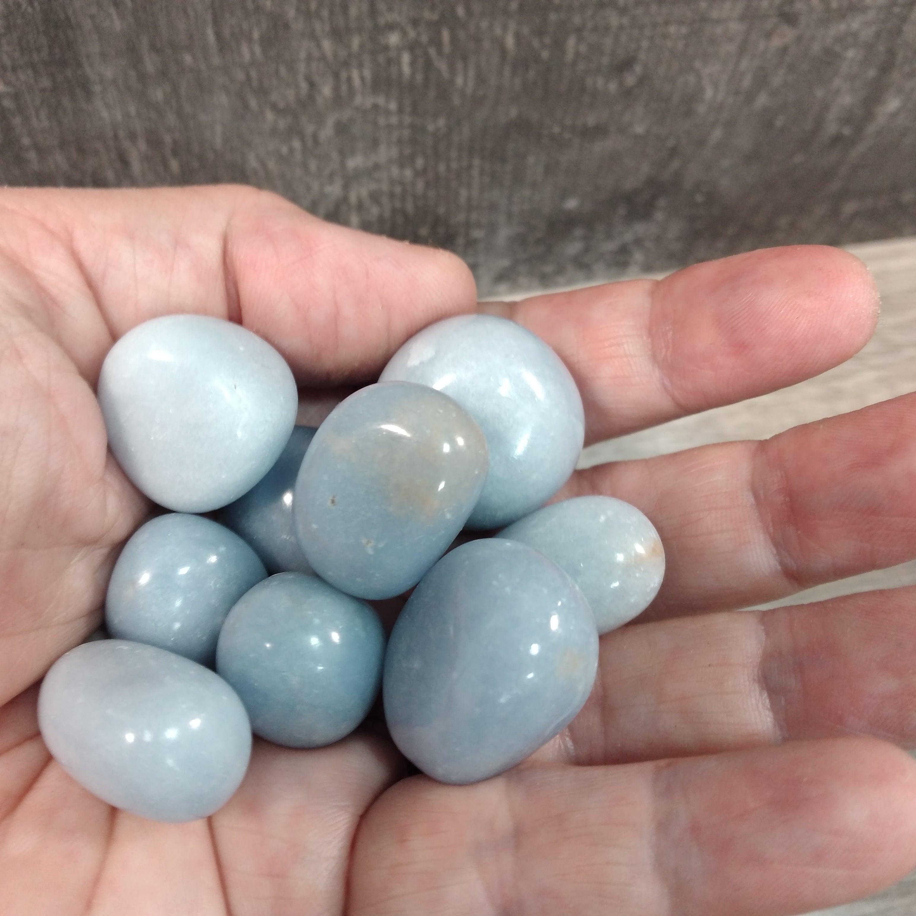 Soft blue Angelite tumbled crystals for wholesale resale