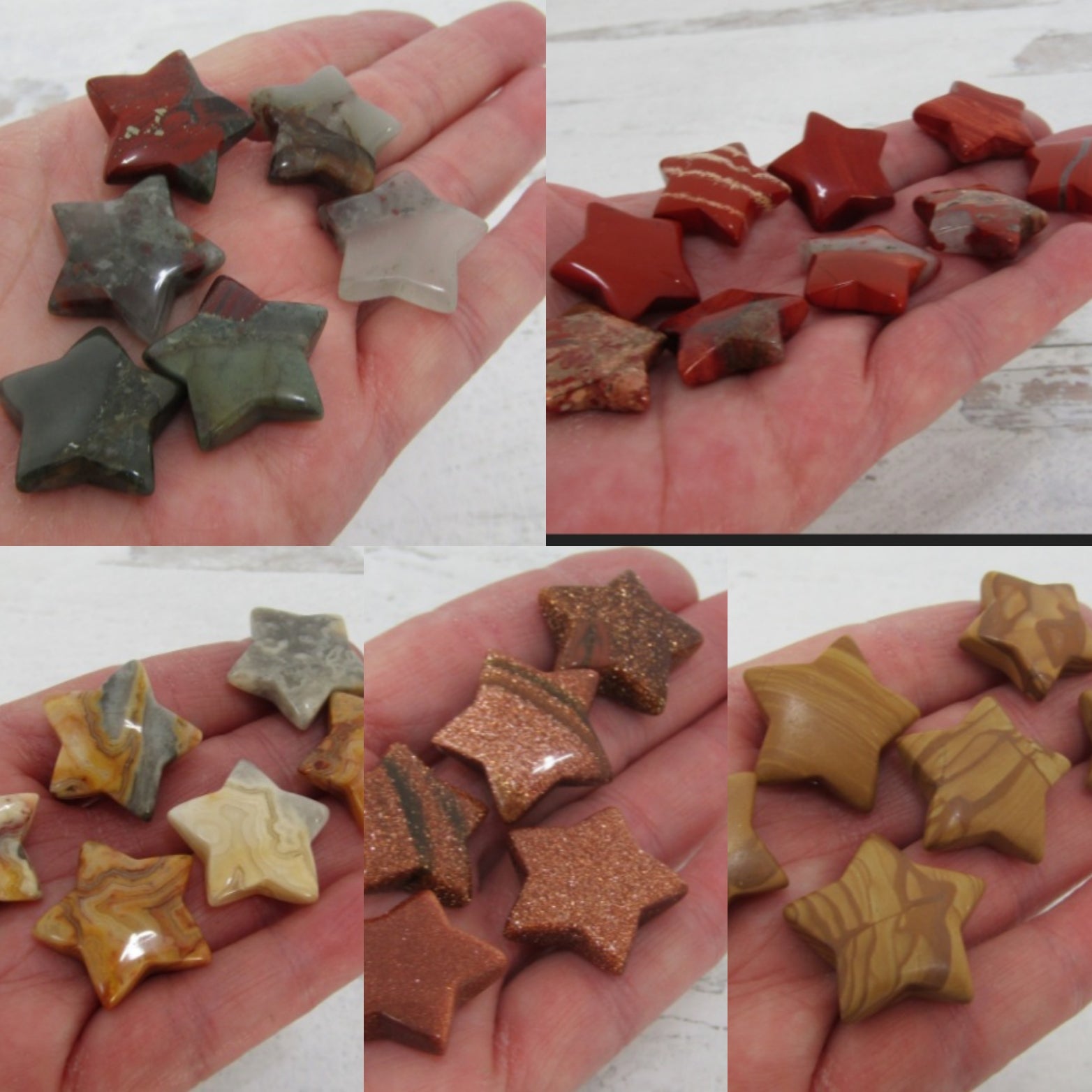 star crystal carvings in assorted gemstones