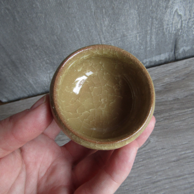 Earthy ceramic altar bowl holding crystals and herbs for rituals.