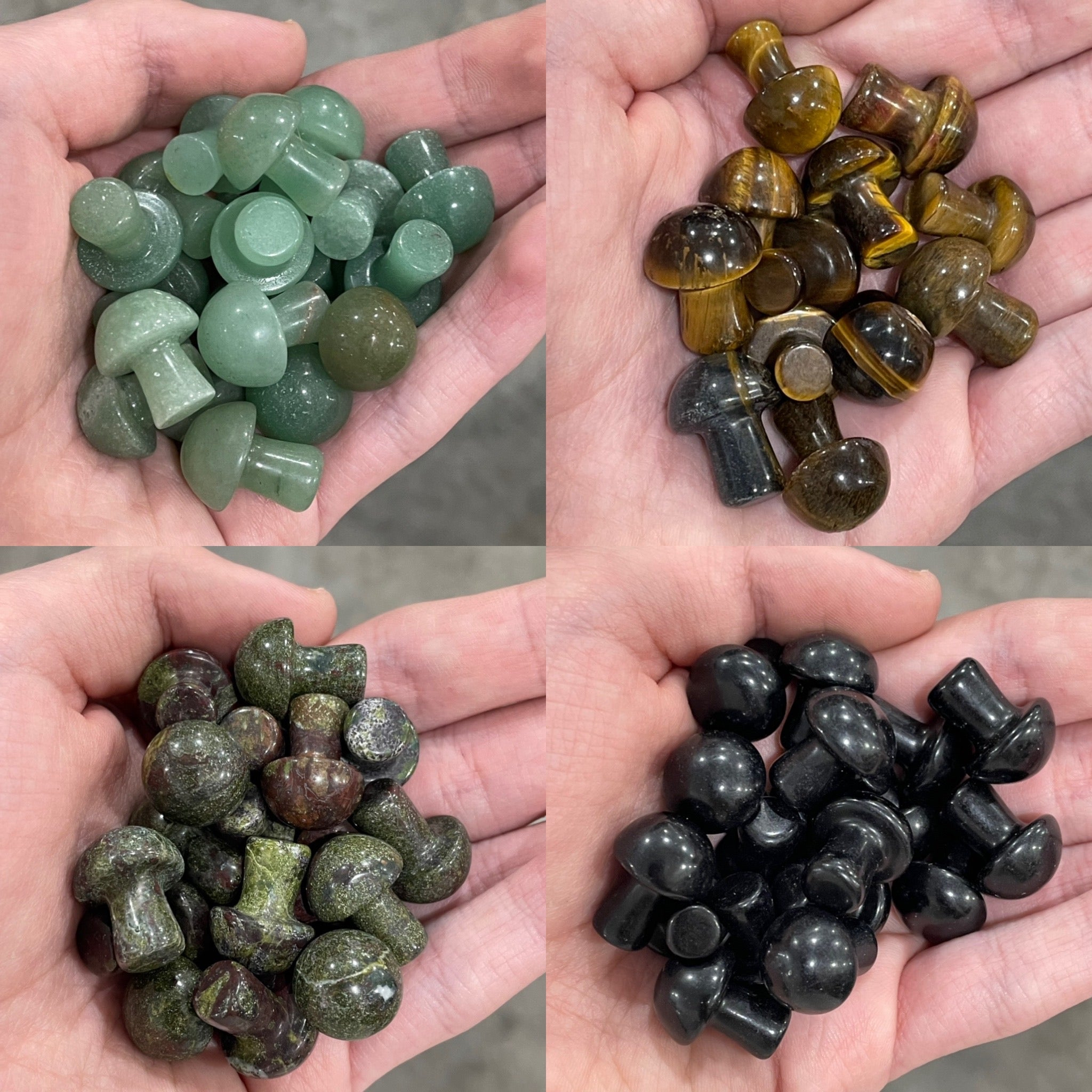 Mini crystal mushrooms in tiger eye, obsidian, aventurine, and more