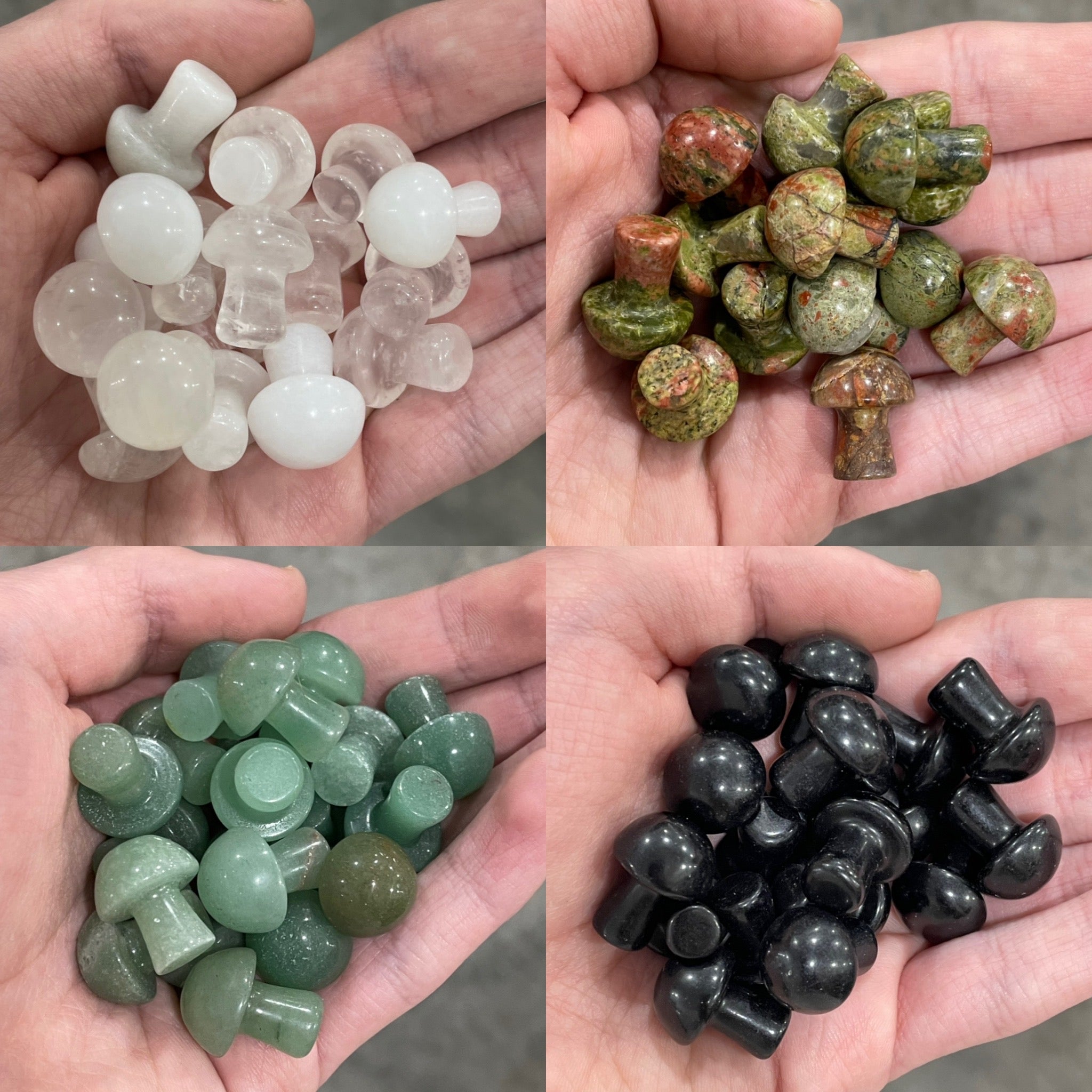 Assorted small gemstone mushroom carvings for wholesale crystal retailers